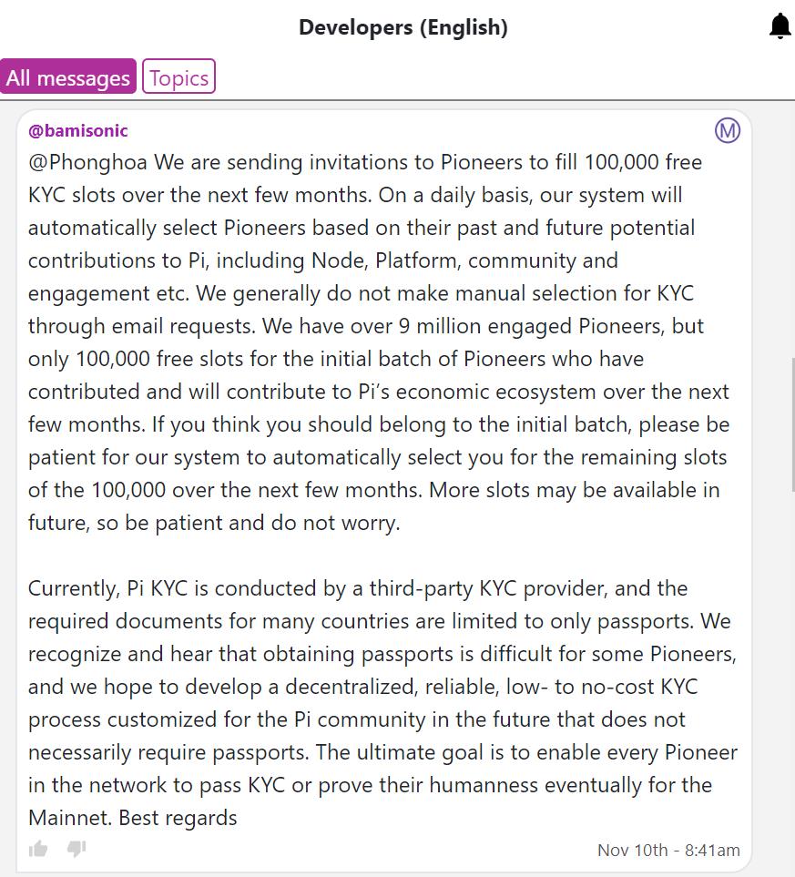 英文区管理员透露：Pi币10万个免费的KYC名额将参与到生态系统中-玩转网